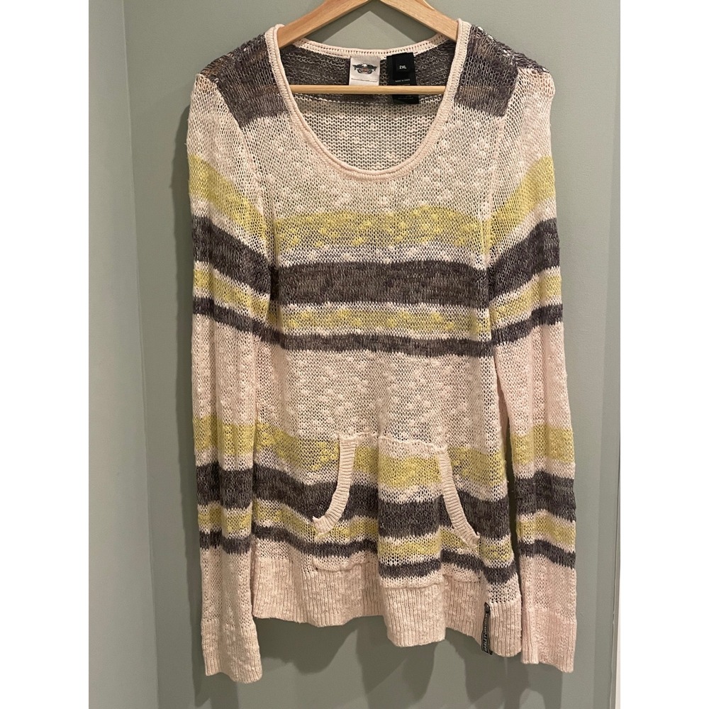 Harley Davidson Womens Knit Sweater‎ 2XL Striped Long Sleeve Pocket Pullover
